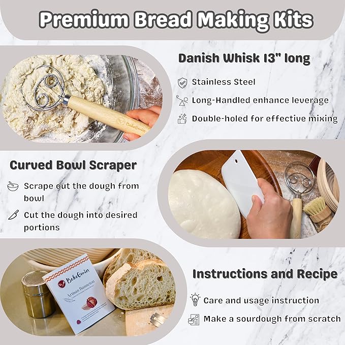 BakeGenies Artisan Bread Banneton Proofing Basket Set of 2, 9 inch Round & 10 inch Oval Sourdough Baskets with Danish Whisk, Dough Cutter, Scraper, Flour duster, Cleaning Brush, Bread Lame &10 Blades
