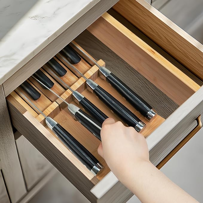 Utoplike Knife Drawer Organizer, Bamboo Knives Block for Kitchen Drawers