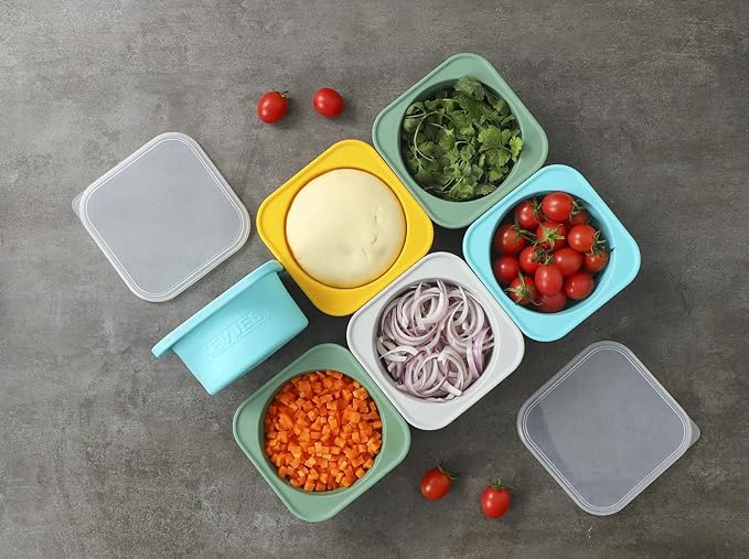 KEVJES Stackable Silicone Artisan Pizza Dough Proofing Proving Containers with Lids pizza making accessories-4 pack-500ml portion (Yellow)