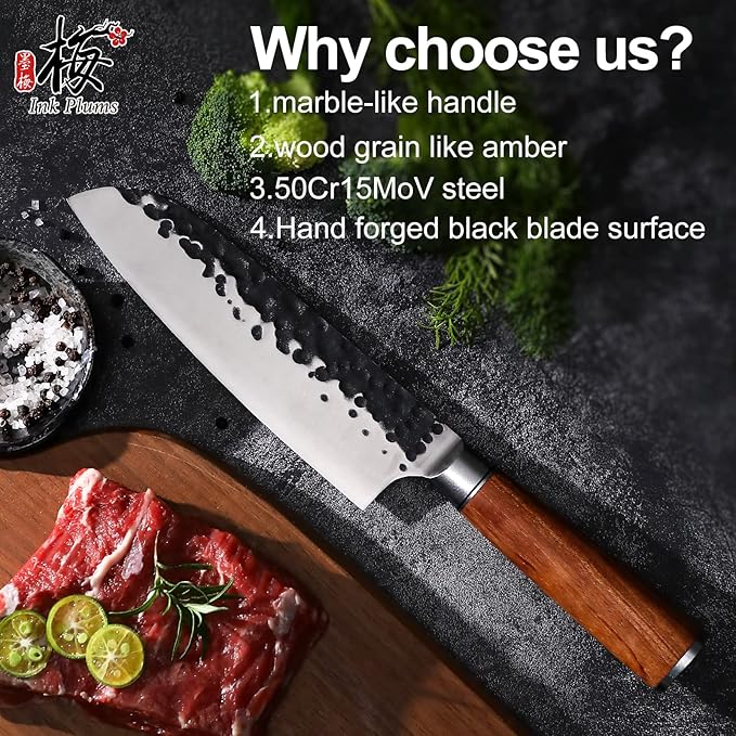 Ink Plums Santoku Knife 7 Inch,High Carbon Steel Ultra Sharp Asian Chef Knife with Brazilian Rosewood Handle and Gift Box for Family & Restaurant