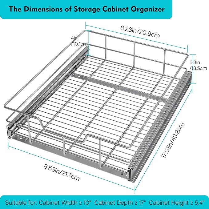 Pull Out Cabinet Organizer 9" W X 17" D, Chromed, Full Slide Out Drawers