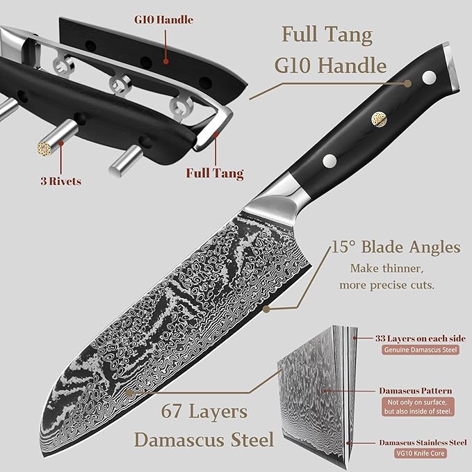 Wakoli Nitoko Santoku Chef Knife, 7.1-Inch VG10 Damascus Steel, G10 Handle