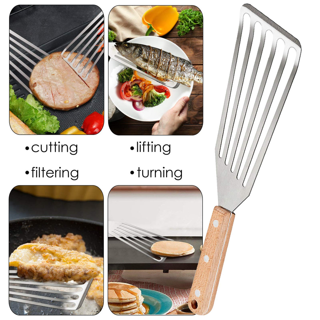 Fish Spatula Set of 2, HaSteeL Stainless Steel Slotted Spatula Turner with Riveted Wooden Handle, Professional Metal Spatulas Great for Kitchen Cooking Flipping Frying & Grilling, 2 x Hooks