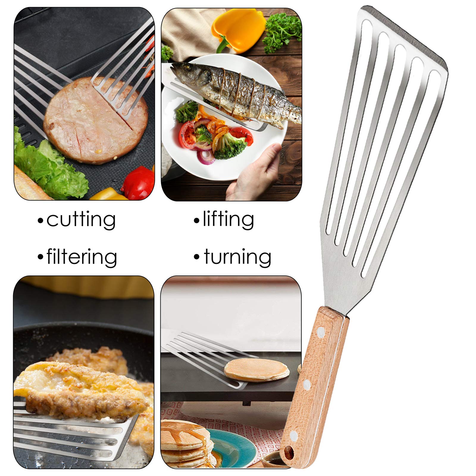 Fish Spatula Set of 2, HaSteeL Stainless Steel Slotted Spatula Turner with Riveted Wooden Handle, Professional Metal Spatulas Great for Kitchen Cooking Flipping Frying & Grilling, 2 x Hooks