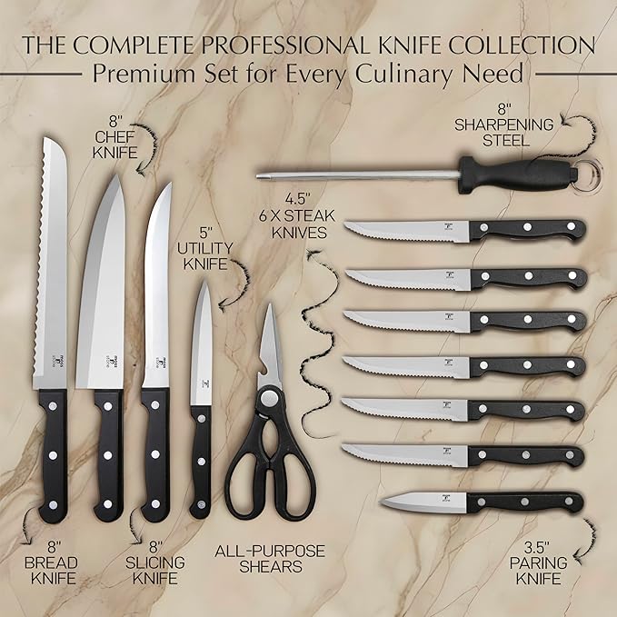 Moss & Stone 14 Pcs Kitchen Knife Set with Block, Stainless Steel
