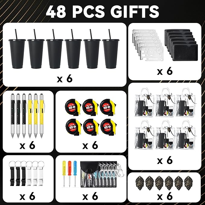 Baby Shower Prizes for Men - 6 Pack Complete Game Prize Set for Dad & Male Guests - Includes Survival Card Tool, Tape Measure, Bottle Opener Keychain, Plastic Cups, Pens, Screwdrivers (BLACK)