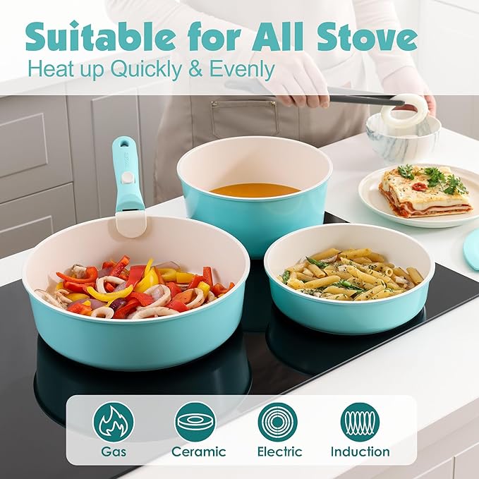 SENSARTE 17 Piece Ceramic Detachable Handle Pots and Pans Set Turquoise