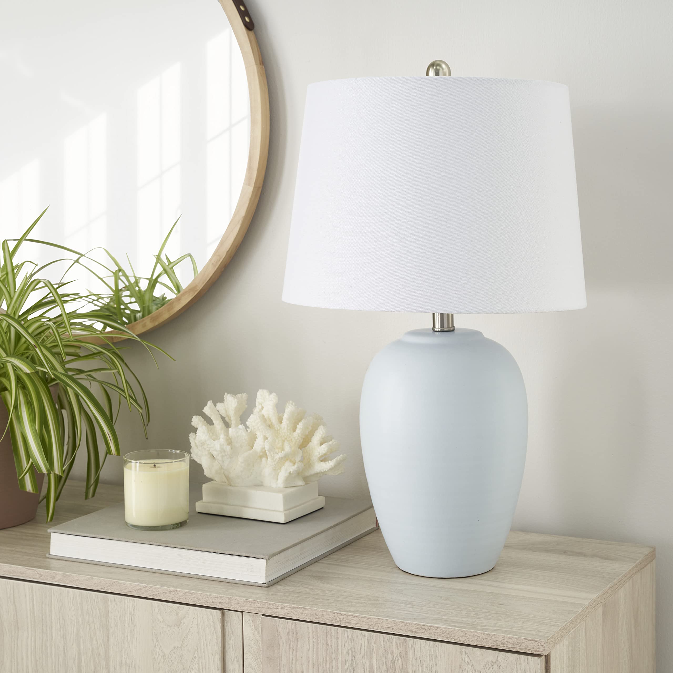 Nourison Home 23" Coastal Blue Ceramic Pot Table Lamp for Bedroom, Living Room, Dining Entryway, with White Shade