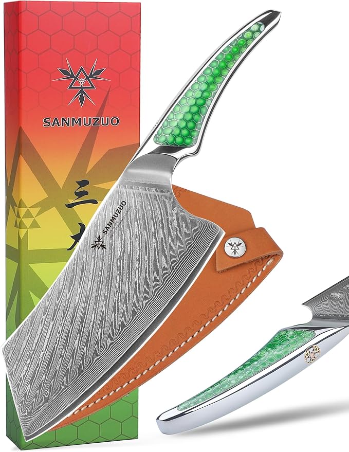 SANMUZUO 7 inch Nakiri Knife, Japanese VG-10 Damascus Steel Meat Cleaver, Ultra Sharp Vegetable Knife with Full-tang Handle in Green Resin, LA-S9 Series