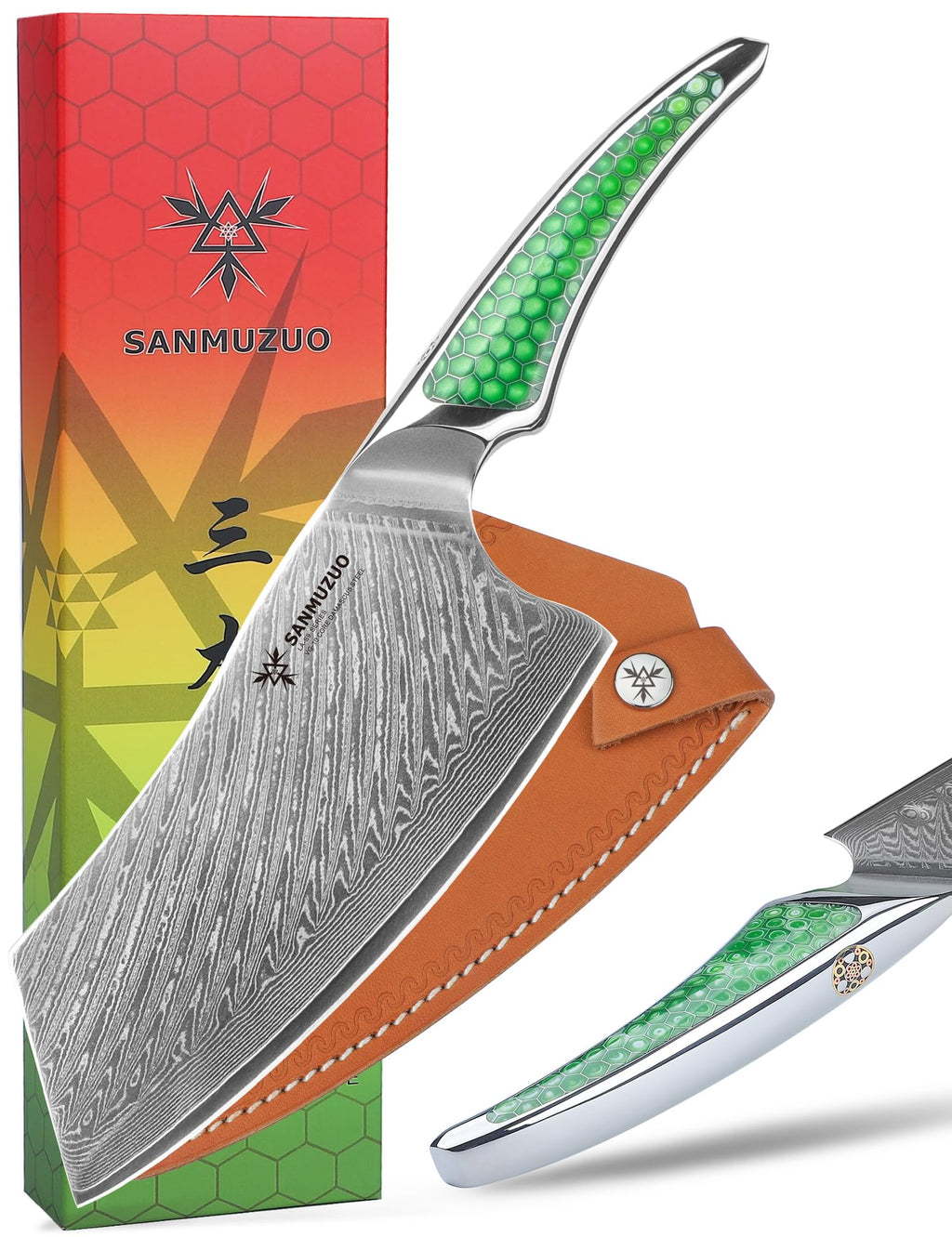 SANMUZUO 7 inch Nakiri Knife, Japanese VG-10 Damascus Steel Meat Cleaver, Ultra Sharp Vegetable Knife with Full-tang Handle in Green Resin, LA-S9 Series