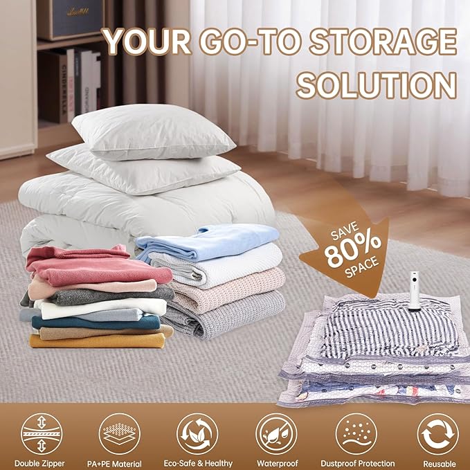 Vacuum Bags for Travel with Wireless Rechargeable Pump, 12 Pack Carry-on Size Compression Packing Seal Bags for Luggage and Suitcase, Space Saver Vacuum Storage Bags for Clothes and Clothing Travel