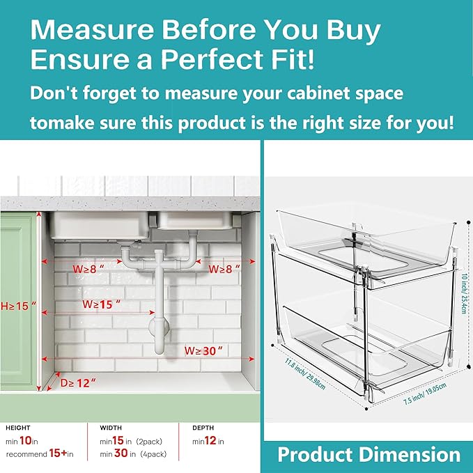 AITOPMART 2 Pack Bathroom Organizer,2 Tier Clear Under Sink Organizers Vanity Countertop Storage Container,Cabinet Drawers Bins, Pull-Out Organization with Track for Pantry, Kitchen