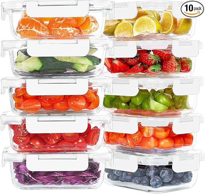 KOMUEE 10 Packs 22 oz Glass Meal Prep Containers with Lids, White