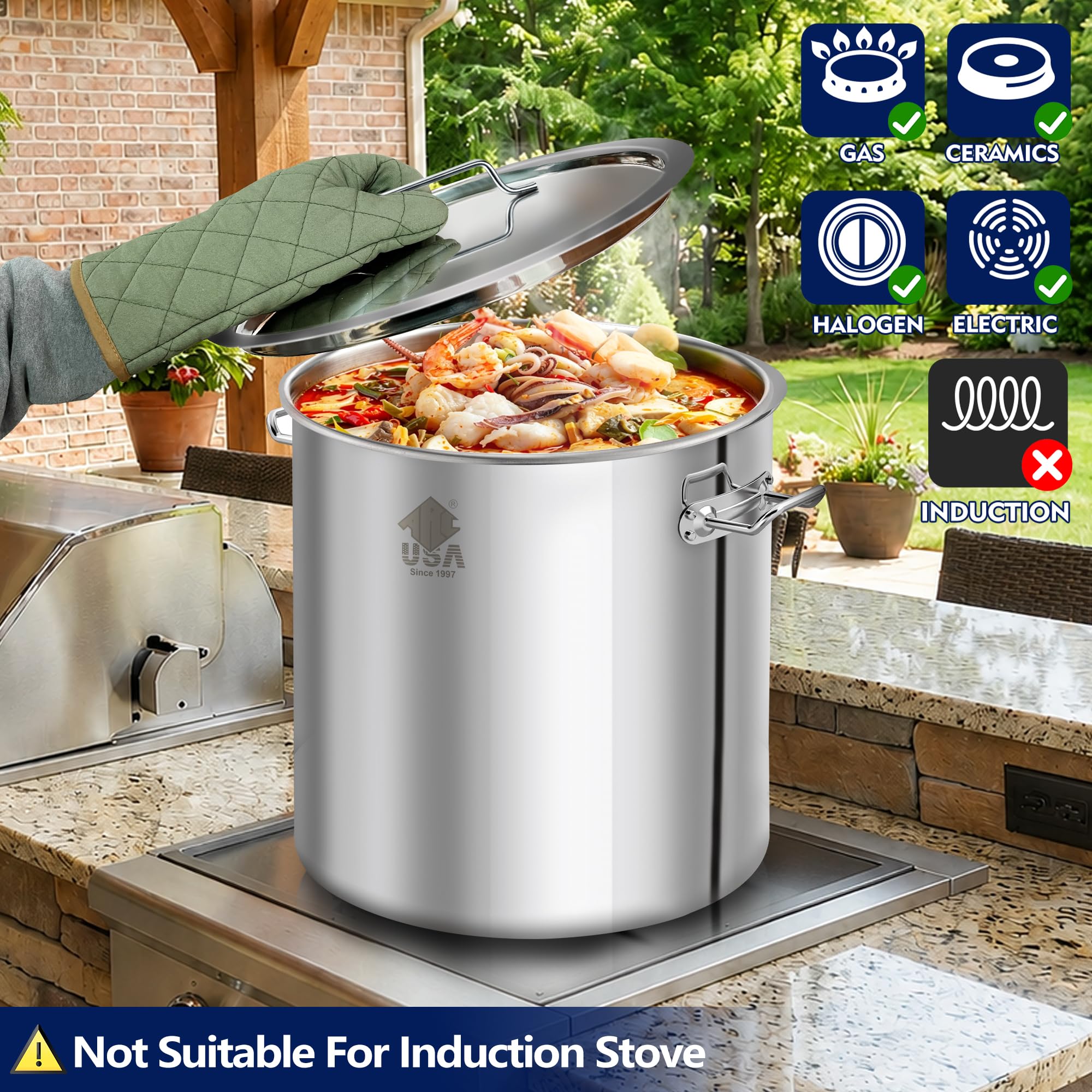ARC 52QT Stainless Steel Stockpot for Crab Seafood Boiler w/Basket, 13Gal