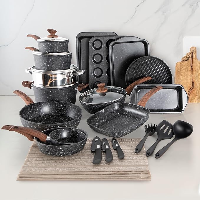 DishDelight 30 Pcs Pots and Pans Set Non Stick, Granite Induction Cookware