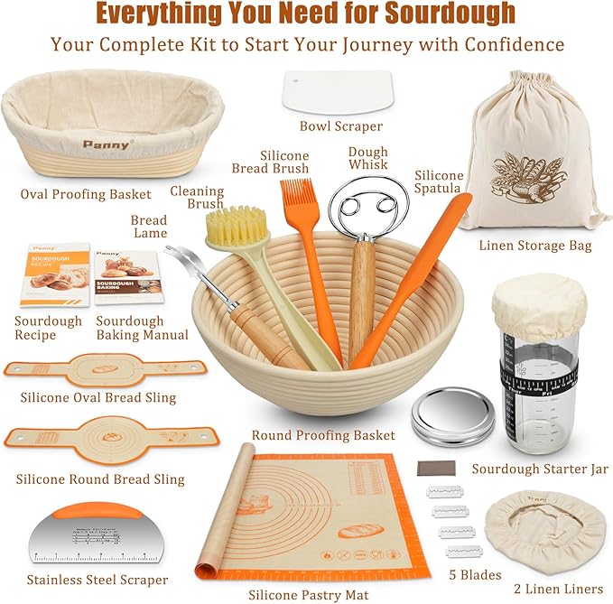 Panny Sourdough Starter Kit, Banneton Bread Proofing Basket with Glass Sour Dough Starter Jar, Sourdough Bread Baking Supplies, Making Tools, 9" Round & 10" Oval Baskets, Complete Gift for Men Women