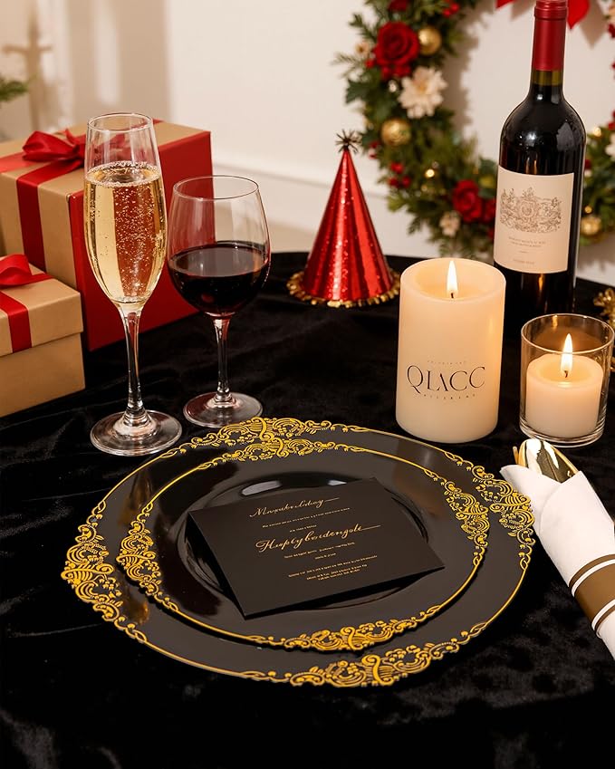 Nervure 350Pcs Black Plastic Plates, Plastic Dinnerware Set for 50 Guests