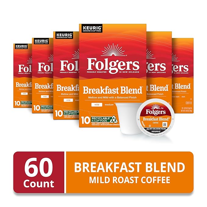 Folgers Breakfast Blend Coffee, Mild Roast, Keurig K-Cup Pods, 60 Count