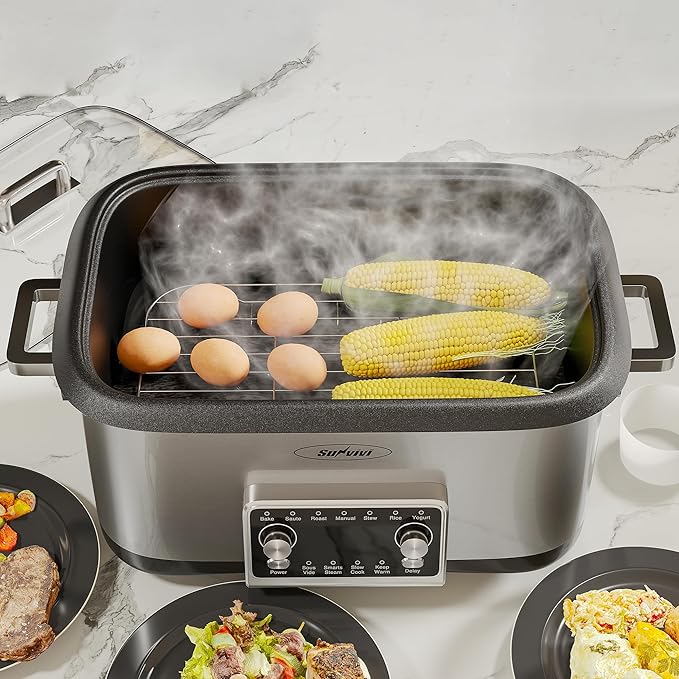 Sunvivi 8 Quart Slow Cooker Roaster Oven, 12 in 1 Programmable Multi-Cooker with Digital Timer, Temp Control, Keep Warm, Removable Non-stick Aluminum Pot & Dishwasher-Safe Glass Lid, Stainless Steel