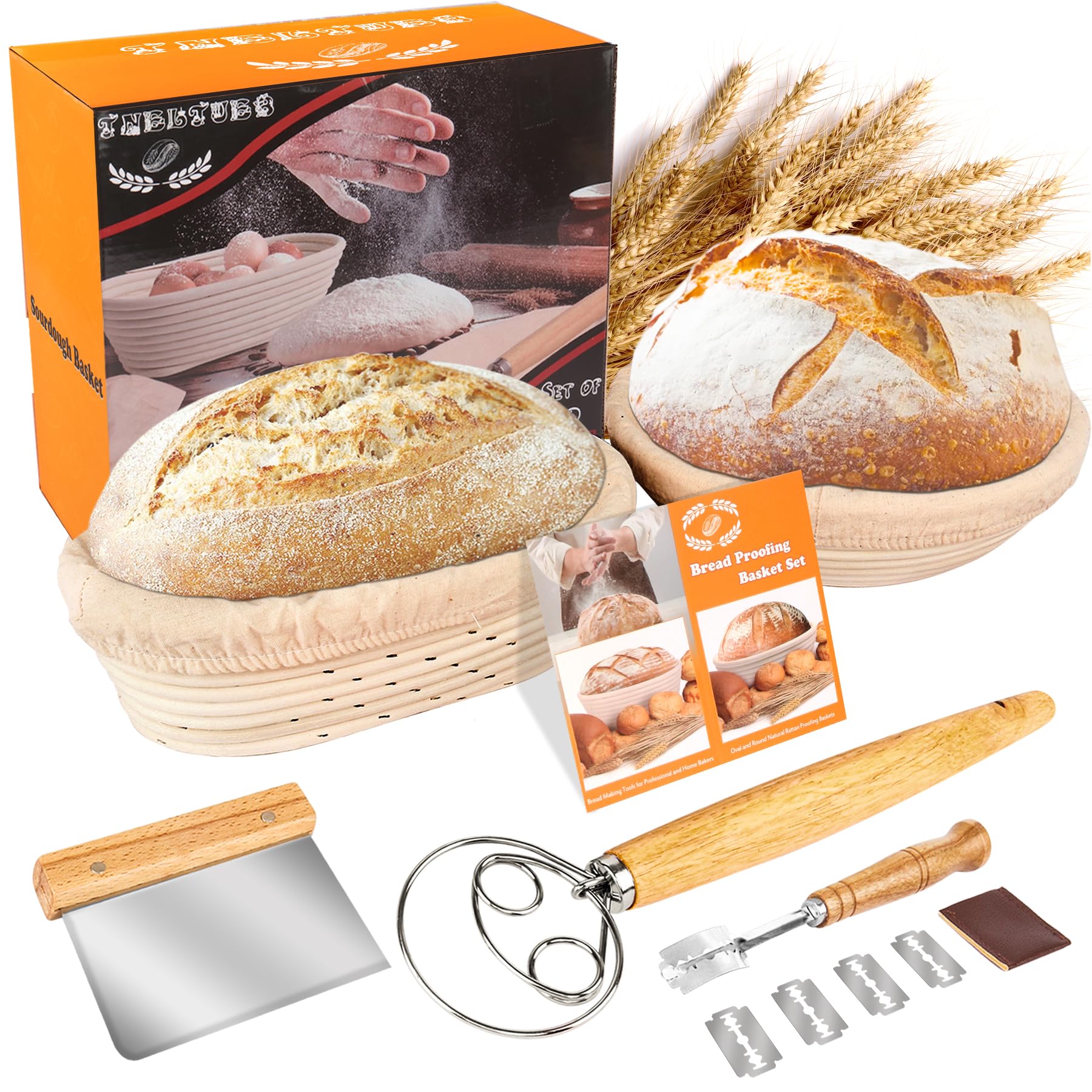 TNELTUEB Bread Proofing Basket Set, Incl 10'' Round & 9.6'' Oval Rattan Banneton, Dough Whisk, Scraper, Lame, Linen - Natural