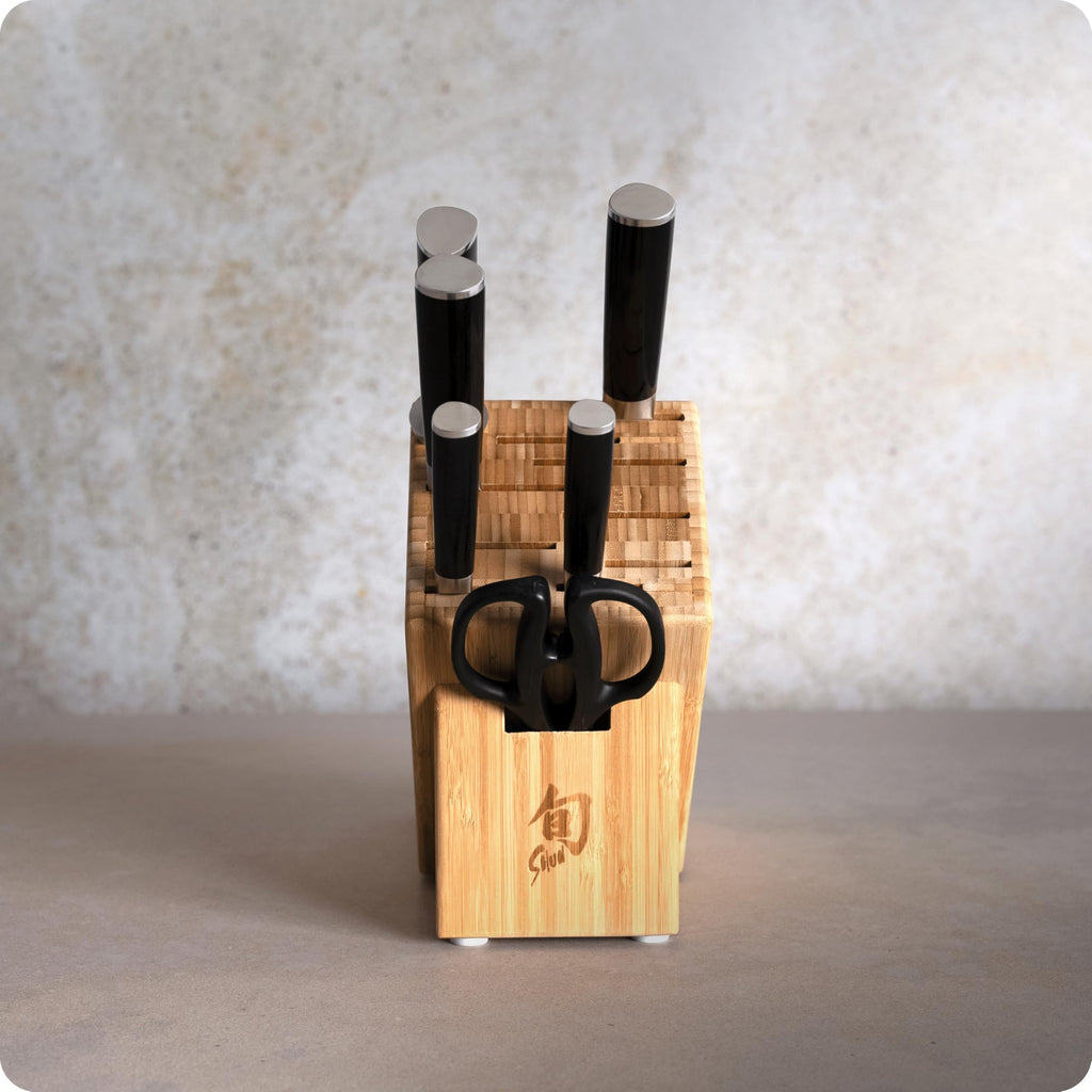 Shun Classic 7 Piece Essential Block Set, Includes 8" Chef, 3.5" Paring, 6" Utility, 9" Bread Knives & Herb Shears, Handcrafted Japanese Knife Block Set, Pakkawood Handles