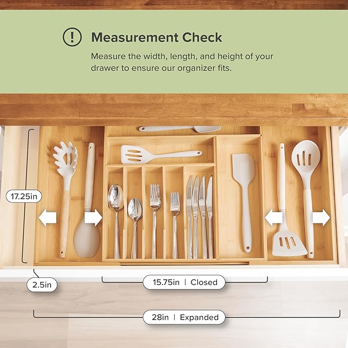 KitchenEdge Silverware & Utensil Drawer Organizer, 16-28 in, Bamboo