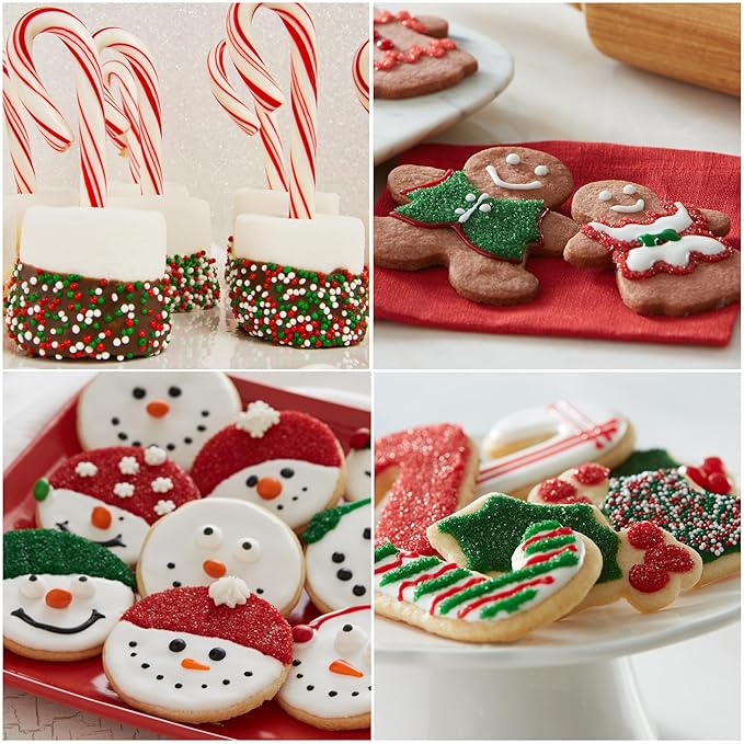 Cake Mate Christmas Cookie Decorating Kit – Red & Green Decorating Sugar (2.25 oz), White, Red & Green Cookie Icing Pouches (7 oz), Jingle Mix Non Pareil (2.1 oz) – Holiday, Cake, Cupcake & Dessert