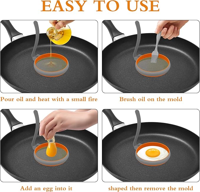 Silicone Egg Rings for Frying Egg, Cooking Egg Mold For Frying, Round Perfect Fried Egg Ring for Griddle, Nonstick Food Grade Egg Circle Omelet Rings For Griddle (Gray, 4Pcs Round)