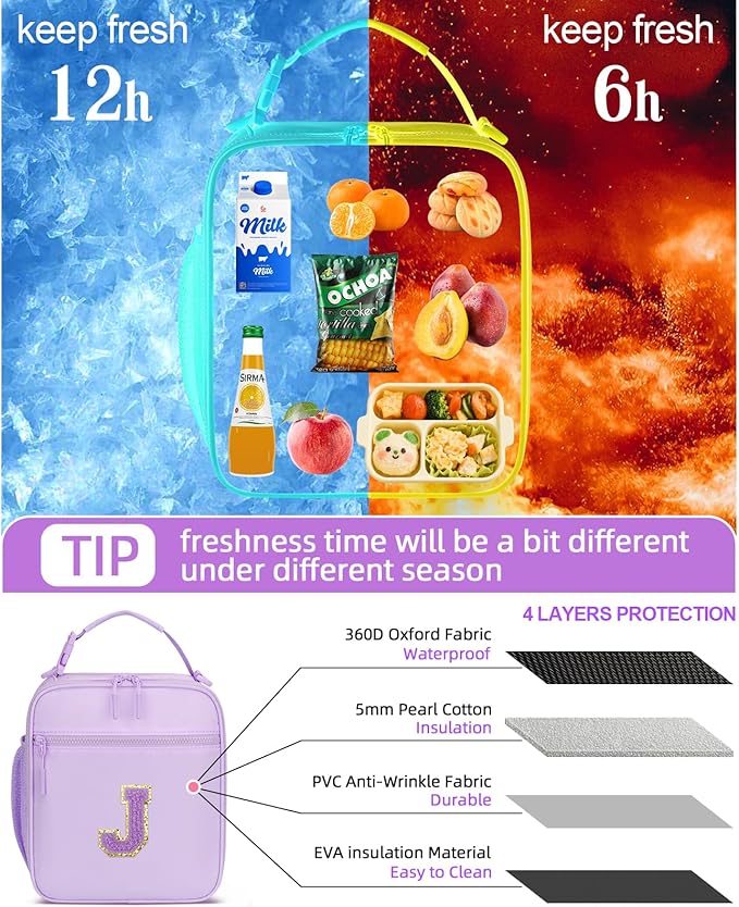 CLOUDWINGS Initial Insulated Lunch Bag for Girls Kids, Back to School Gift, Reusable Leak-proof Lunch Box with Adjustable Strap for School Daycare Travel Picnic (Purple,J)
