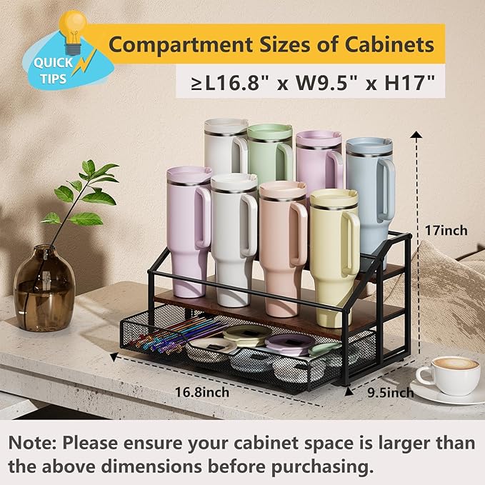 MOJOHAND 3-Tier Stanley Cup Rack with Basket for 8 Tumblers