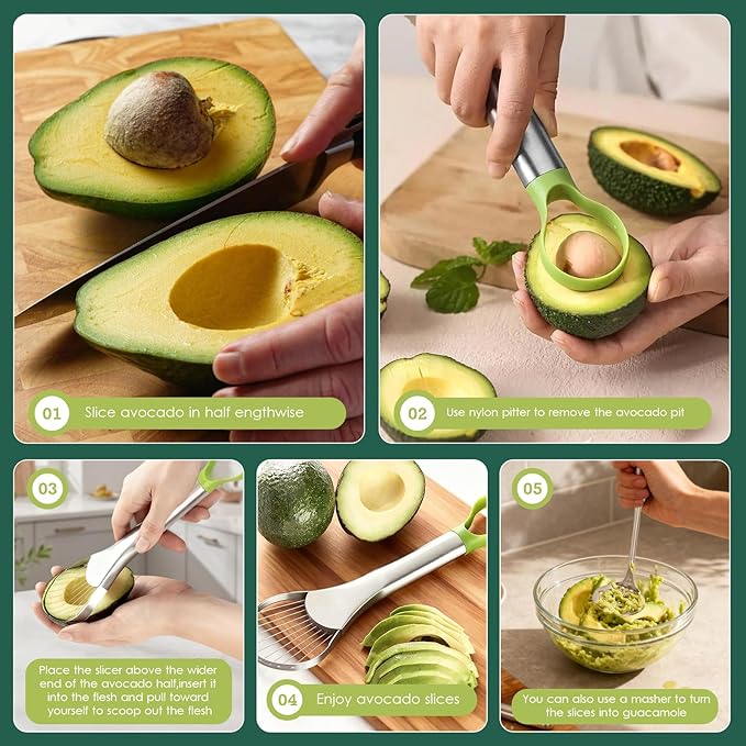 YVREOLP Avocado Slicer,Stainless Steel Avocado Slicer Tool and Avocado Smasher Tool,Quickly Slices Thinly and Masher,Suitable for Avocados,Potatoes,Dragon Fruit and Other Fruits Vegetables