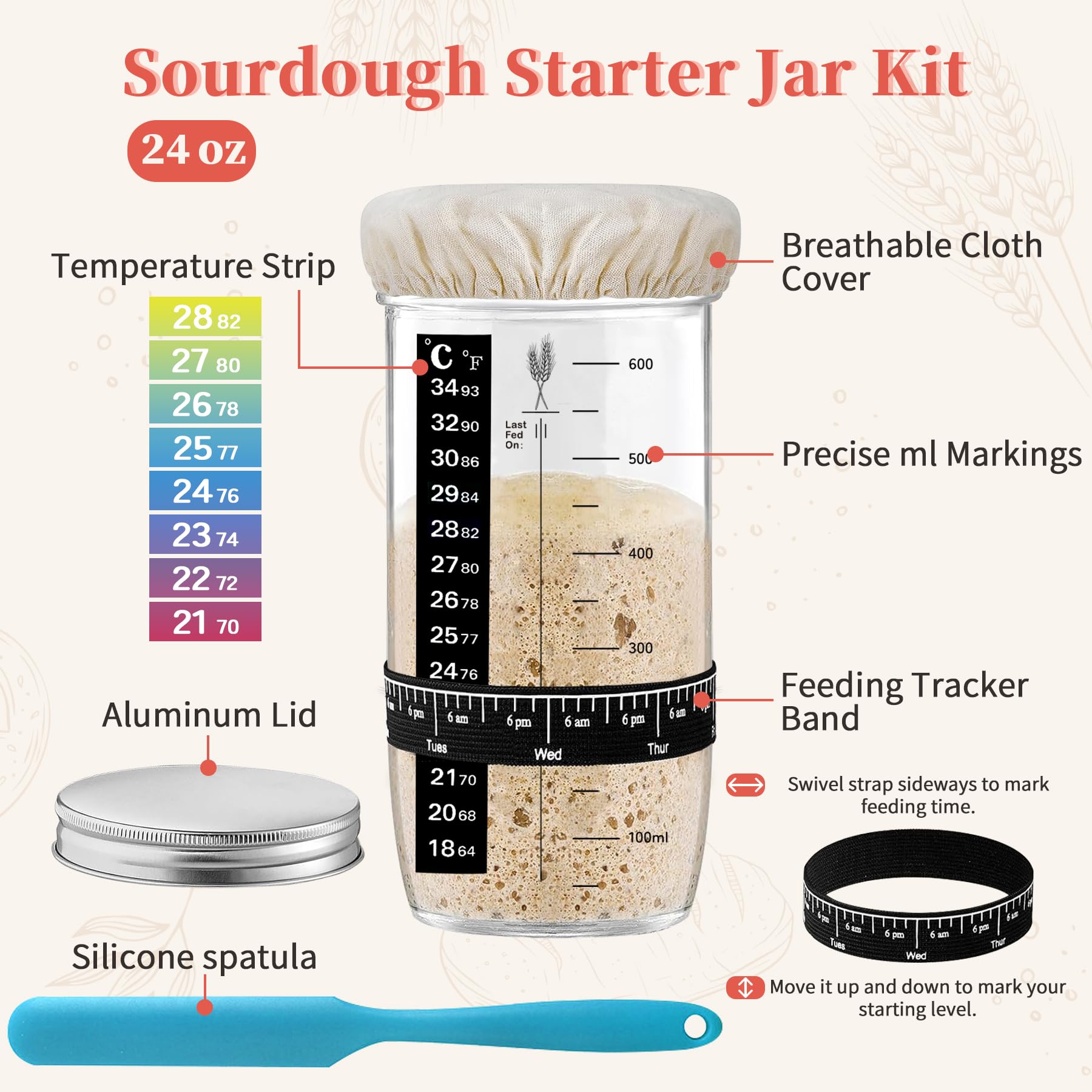 Aliggbent 38Pcs Sourdough Starter Kit, Rattan Banneton Proofing Baskets Jar