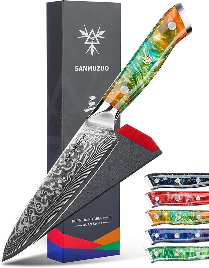 SANMUZUO 5 Inch Kitchen Utility Knife - Xuan Series Kitchen Knives - VG10 Damascus Steel with Resin Handle (Fantasy Orange)