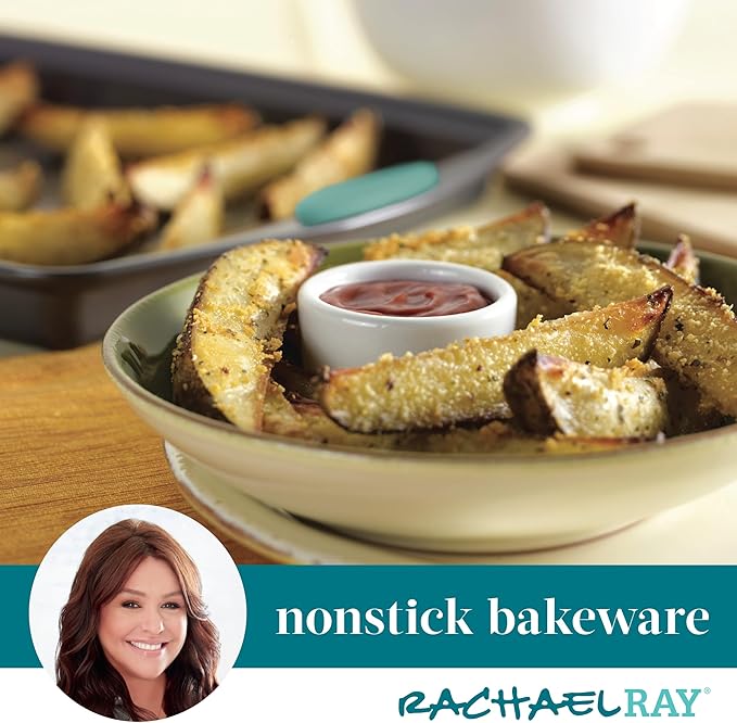 Rachael Ray Nonstick Baking Pans Set, 3-Piece Cookie Pan Bakeware, Gray with Agave Blue Silicone Grips