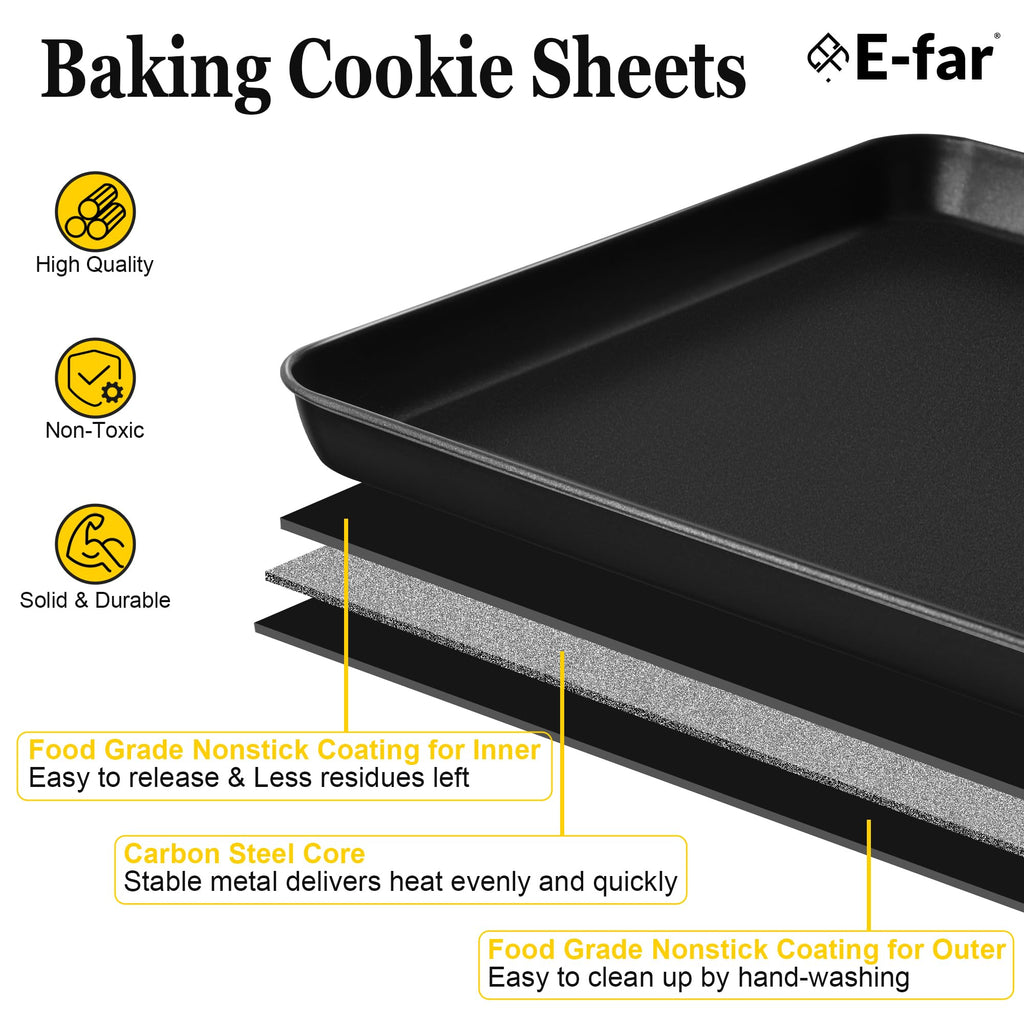 E-far Cookie Baking Sheet Set of 3, Nonstick Metal Sheets Pans Jellyroll Trays for Oven, Large/Medium/Small (16/12.4/10.4”) No-toxic Rectangle Bakeware for Baking Cake Bread, Easy Clean
