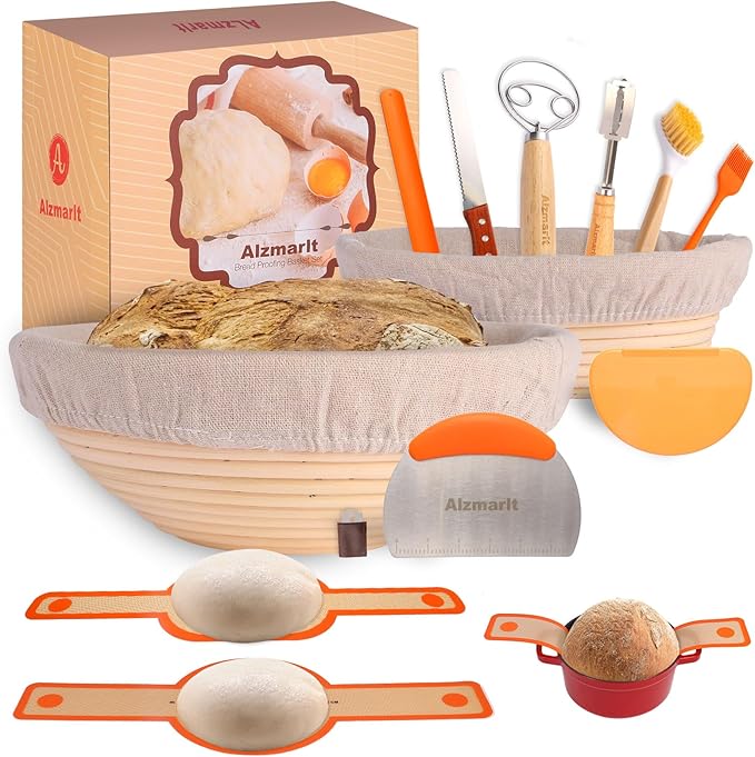 Alzmarlt 9-Inch Round & 10-Oval Bread Banneton Proofing Basket - Set of 2, Sourdough Baking Supplies with Bread Knife & Silicone Sling