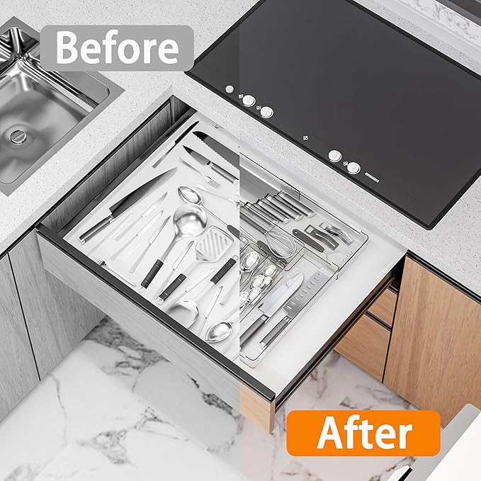 Baosia Silverware Drawer Organizer, Expandable Utensil Tray for Kitchen Drawers,BPA Free Flatware and Cutlery Holder,Adjustable Plastic Storage for Utensil like Spoons, Forks, Knives.Clear