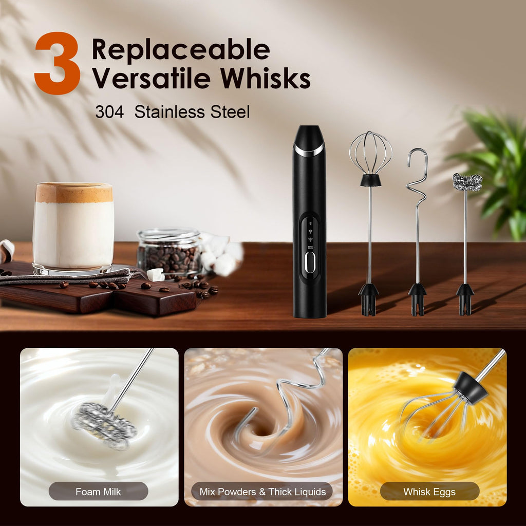 Rechargeable Milk Frother with Stand,Coffee Frother,Drink Mixer（Black)