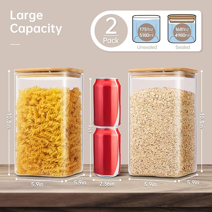 Large Glass Storage Containers 168oz, 2 Pack Pantry Jars with Bamboo Lids
