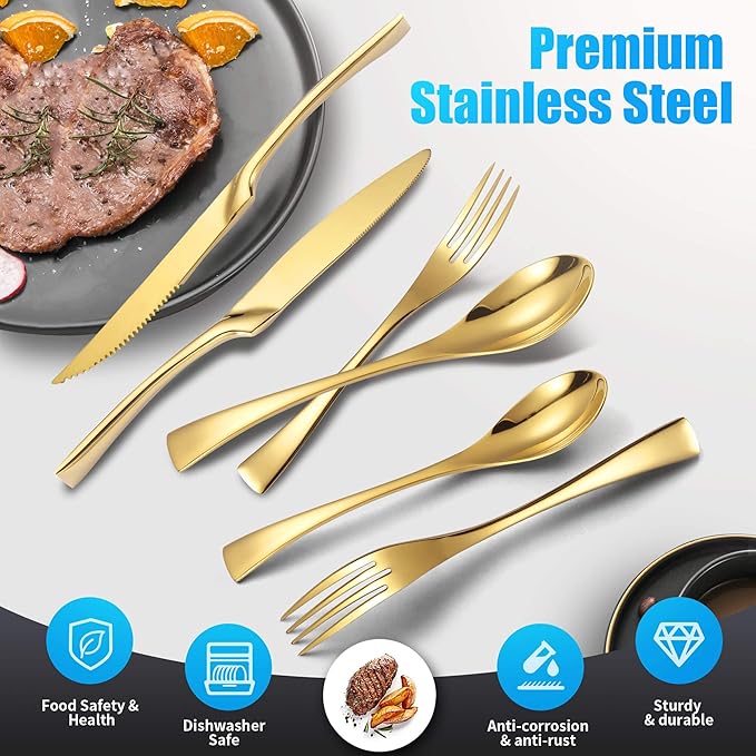 Lemeya 24-Pieces Gold Silverware Set with Steak Knives,Heavy Duty 18/10 Stainless Steel Flatware Set for 4,Modern Cutlery with Forged Stand Knives,Mirror Polished,Dishwasher Safe