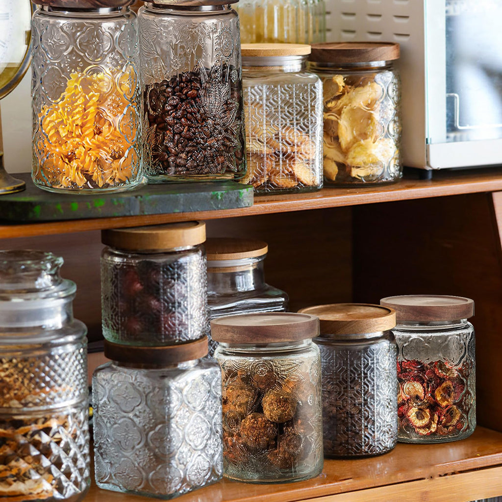 24 OZ/2 PCS Glass Storage Jar with Airtight Bamboo Wooden Lids, Vintage Food Containers Canisters Sets for Kitchen Counter Pantry, Sugar, Flour, Candy, Tea, Coffee Beans, Oats, Grain Bin, Pasta,