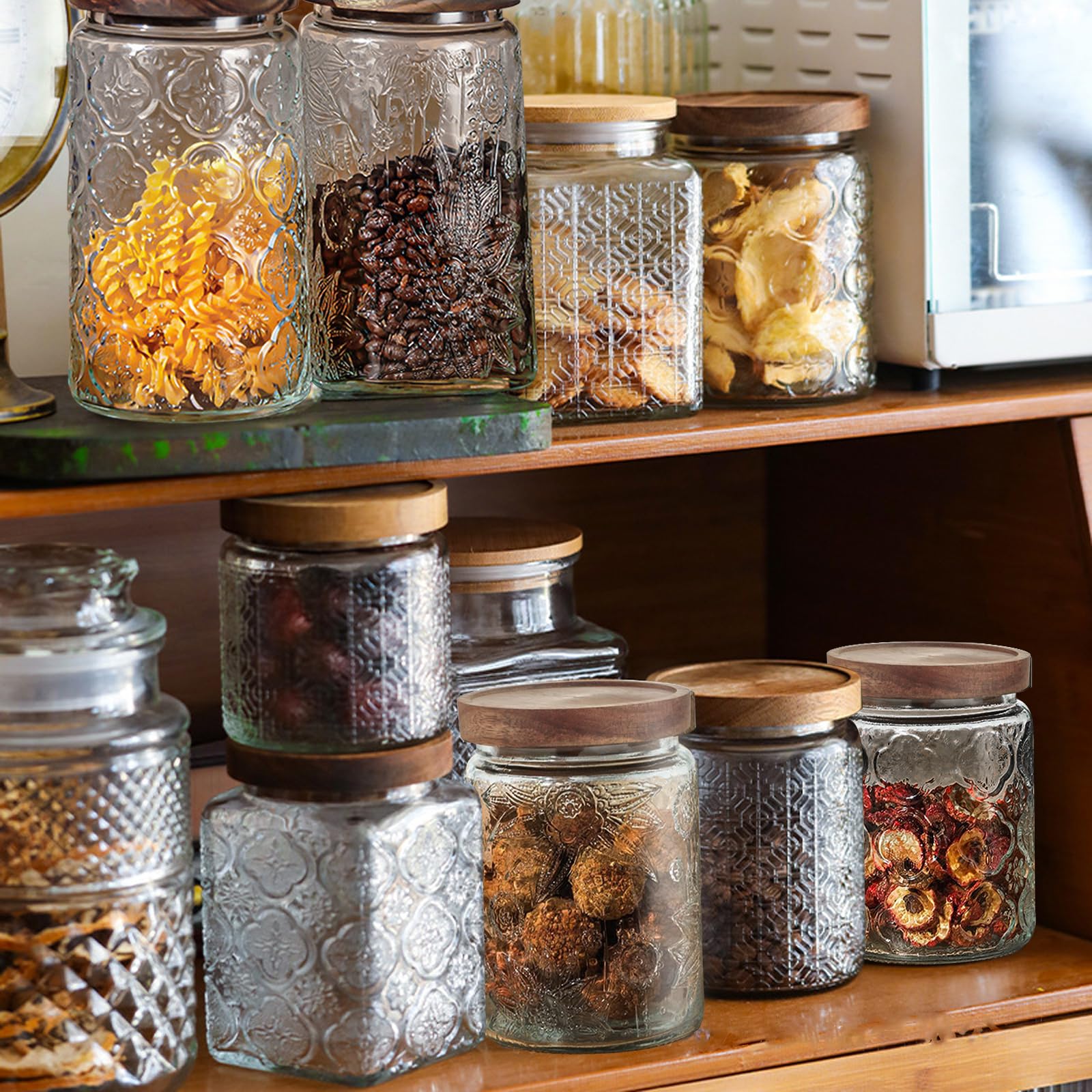 24 OZ/2 PCS Glass Storage Jar with Airtight Bamboo Wooden Lids, Vintage Food Containers Canisters Sets for Kitchen Counter Pantry, Sugar, Flour, Candy, Tea, Coffee Beans, Oats, Grain Bin, Pasta,