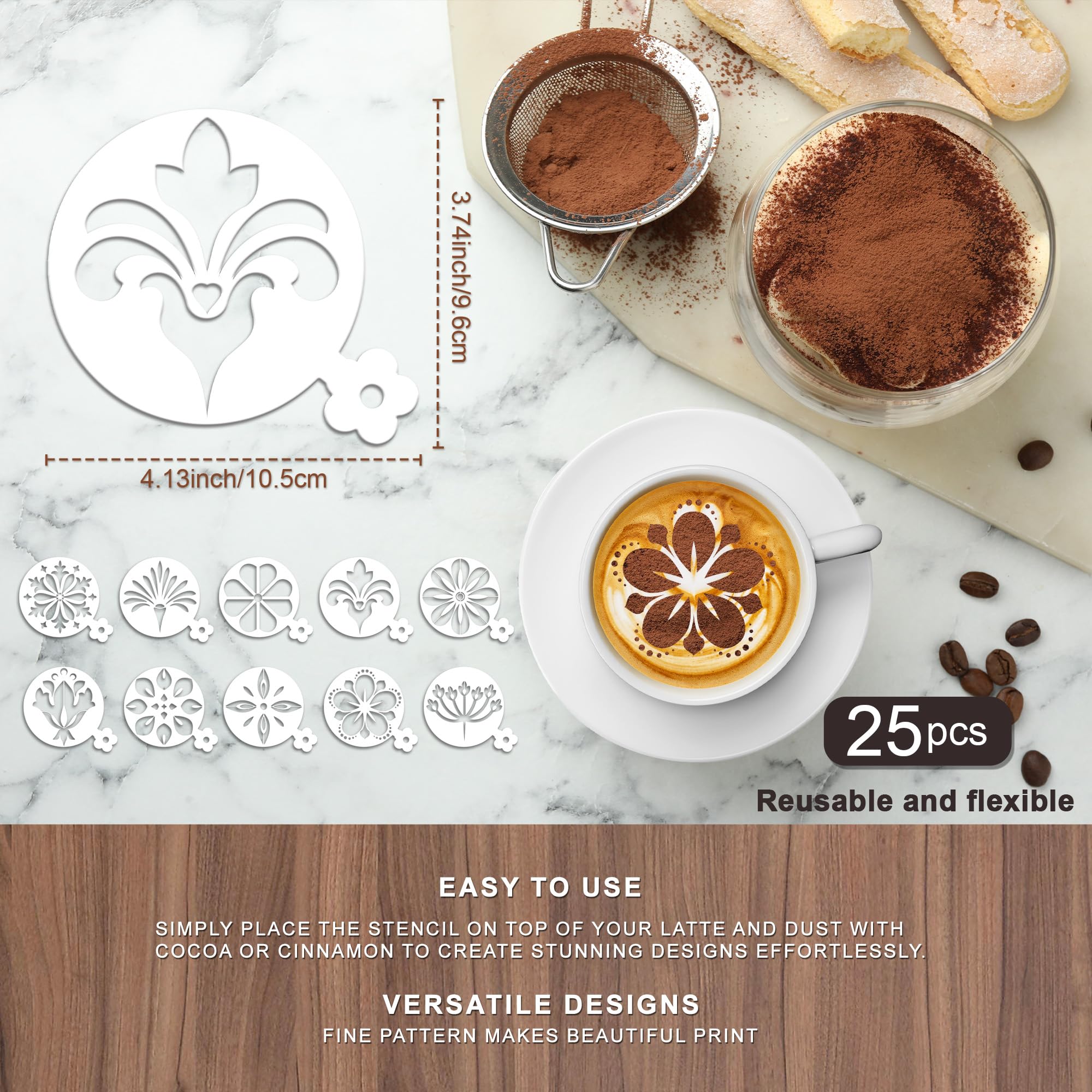 Sitsink Mandala Flower Coffee Stencils - 25 Pcs Stencils for Cookies Sourdough Bread Decor, Reuable Template for Crafts Floral Design