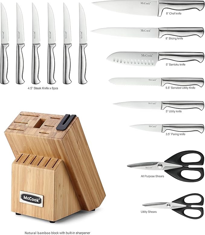 McCook Knife Set Kitchen Steel Knife Block Set w Built-in Sharpener