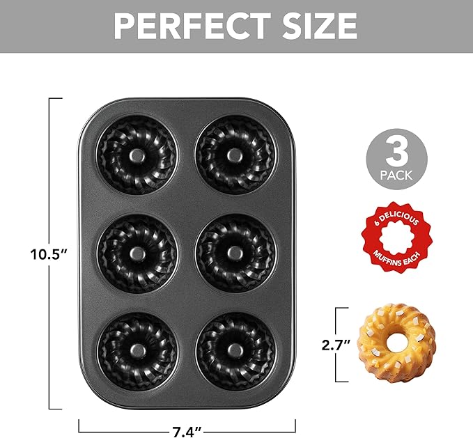 Tiawudi Mini Fluted Tube Cake Pan, 6 Cavity Baking Pan, Non-stick Baking Mold for Cupcakes, Donuts, Cornbread, Brownies, Jellies, Set of 3