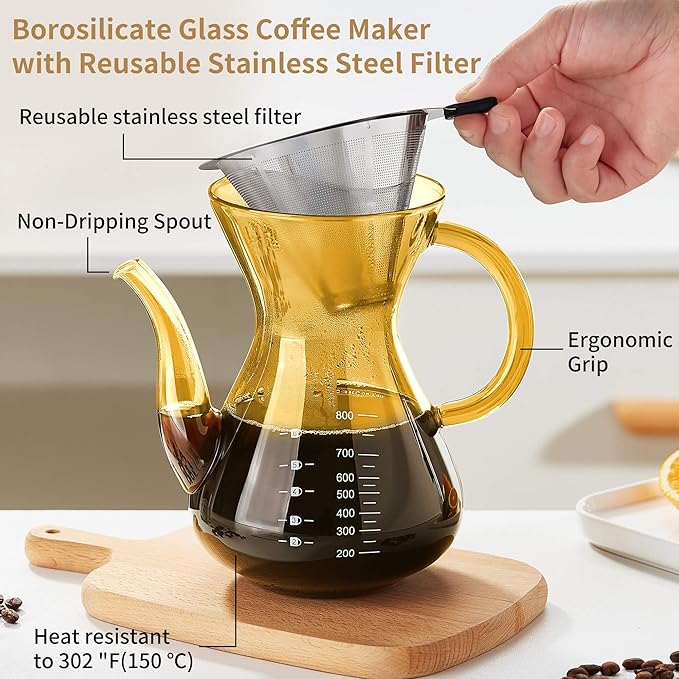 Unbreakable - Pour Over Coffee Maker with Double Stainless Filter 27 fl oz, Thickened Heat-Resistant Borosilicate Glass Pour Over Coffee Dripper, Stovetop Safe