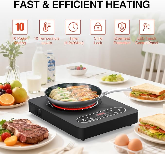 Electric Cooktop 1800W, Single Burner Portable Electric Stove 110V with LED Touch Screen 10 Power Levels, Hot Plate with Child Safety Lock, Timer and Overheat protection, Compatible with All Cookware