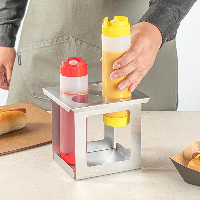 Restaurantware Squeeze Bottle Holder 1 Count 6.30 x 7.01 x 6.26 Inches Stainless Steel Condiment Organizer - Four-Hole Durable Kitchen Rack - Silver Prep Station Organizer
