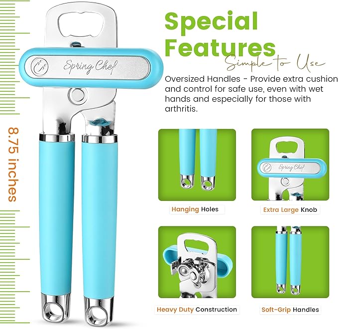Spring Chef Stainless Steel Manual Can Opener w/Soft Grip Handle, Aqua Sky