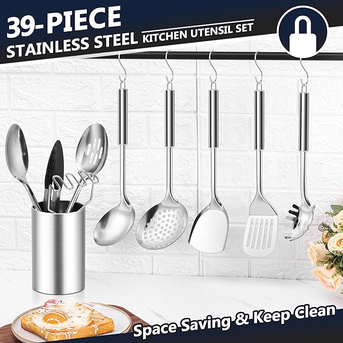 E-far Stainless Steel Cooking Utensil Set, 39-Piece Metal Kitchen Utensils